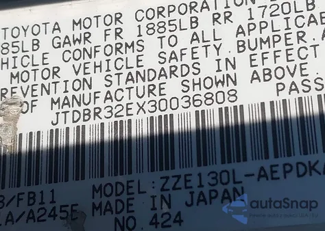 2003 Toyota Corolla Ce z USA, uszkodzony, nr VIN JTDBR32EX30036808